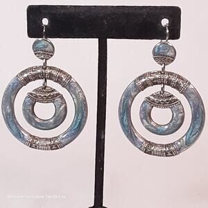Bohemian Dangle Hoop Earrings Shimmery Blue Enamel Overly Antique Silver Tone